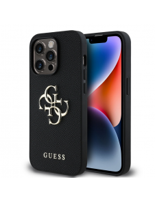 Guess PU Grained 4G metalllogofodral för iPhone 14 Pro Svart