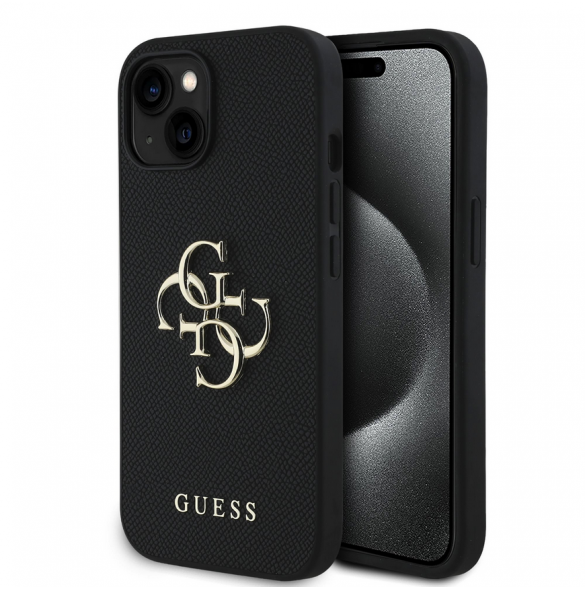 Guess PU Grained 4G metalllogofodral för iPhone 13 Svart
