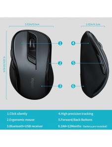 Rapoo M500 Tyst Trådlös Optisk Mus med Multilägesanslutning 2, 4 GHz och Bluetooth Svart